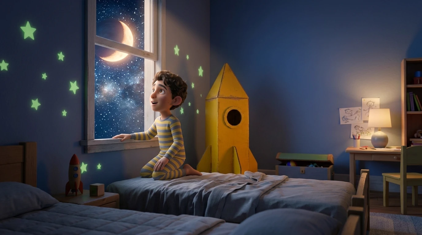 Mateo mira las estrellas junto a su cohete de cartón